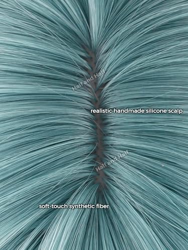 Image of Half and Half Long Curly Green Ponytail Braid Anime Wig with Bangs 37.5'' Light Teal Twin Tail Pigtails Wigs Virtual Singer Costume Wigs for Women Halloween Party Daily