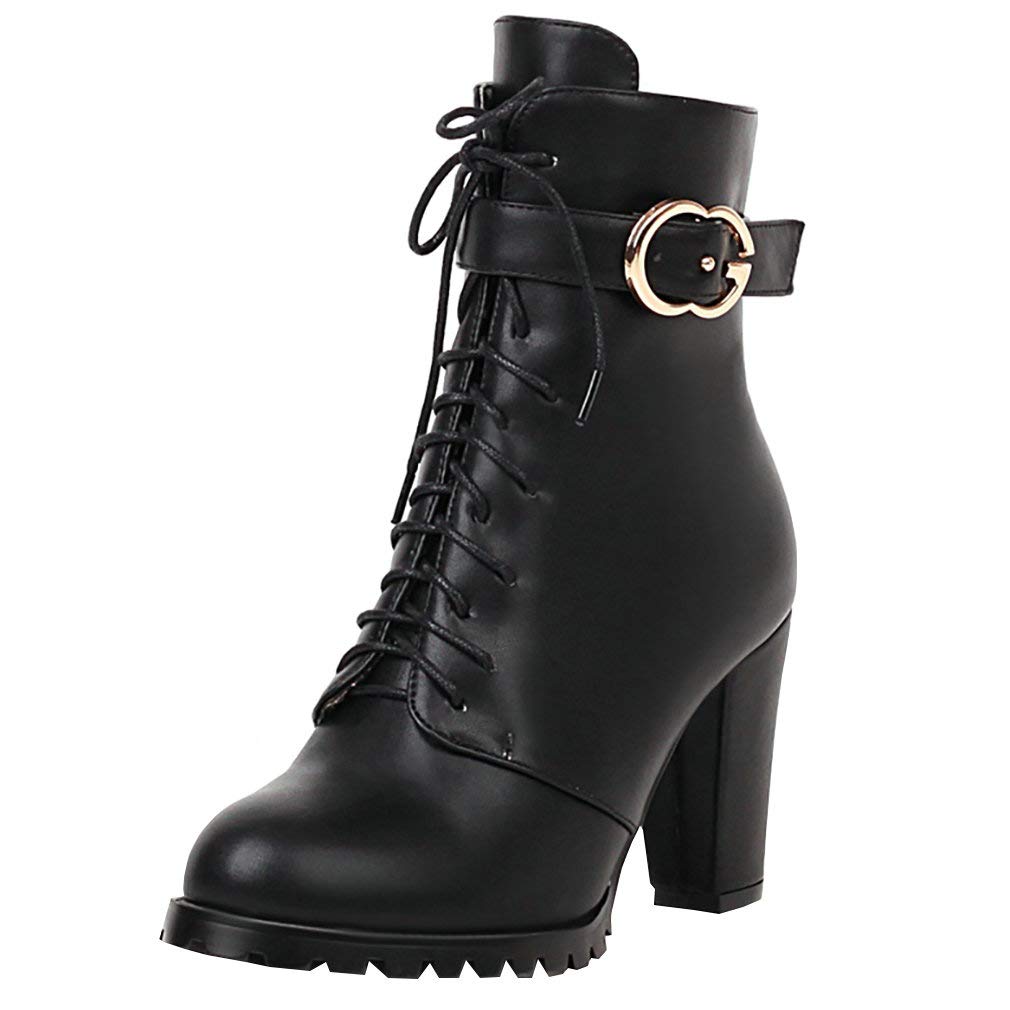 Parisuit Womens Chunky Heel Lace Up Ankle Booties Side Zipper High Heel Boots Fashion Buckle Shoes