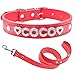 Senristar Personalized PU Leather Dog Collar with Bling Name,Custom Sparkling Rhinestone Name Dog Collar and Leash Set for Small Medium and Large Dogs(S,Red Set)