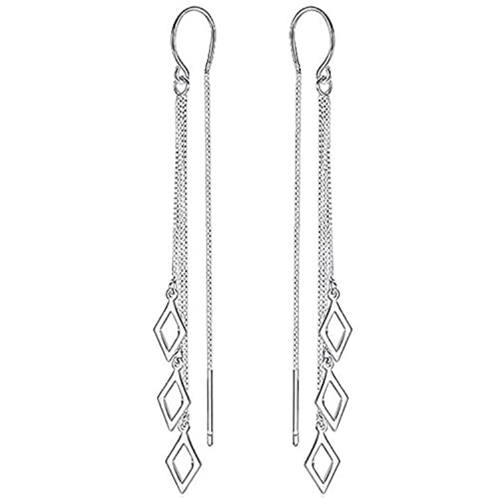 RRomaS Pendientes de mujer plata Ley 925 largos,pendientes muy largos plateados 7.6 cm,pendientes colgantes fiesta largos finos para novias bodas,aretes largos niña plata,con insercion facil,Caja regalo