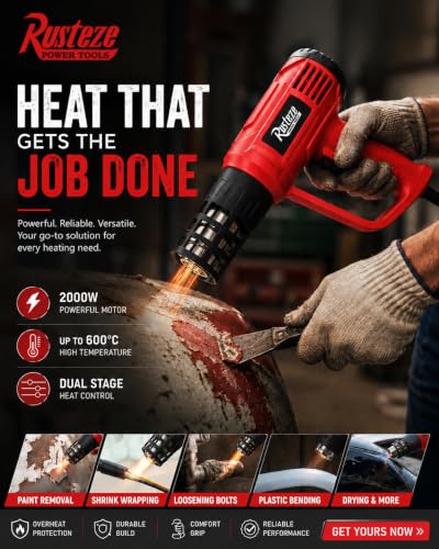 Image of Rusteze 2000W Heat Gun | Hot Air Gun with 2 Temperature Settings (350C /550C) | Heavy Duty Heat Blower for Paint Removal, Shrink Wrapping, PVC Pipe Bending, Crafts, DIY & Industrial Use