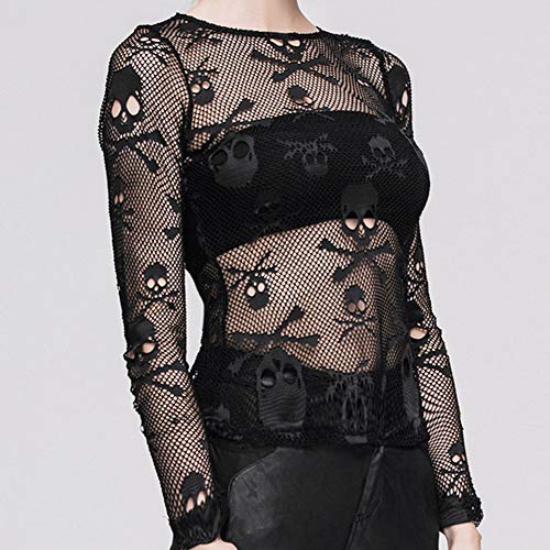 Gezour Women's Sexy Clubwear Sheer Seethrough Long Sleeve Fishnet Skull Mesh Tops Tee Shirt Blouse Black (L, A-Black) #TOP3
