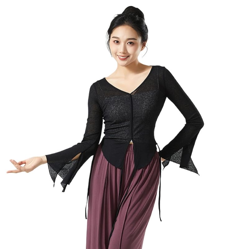 HEARTTOUCH Women Ballet Wrap Top Long Sleeve Yoga Dance Crop Classic Dance Blouse V Neck Bolero Soft Pullover Shirts (Black,X-Large)