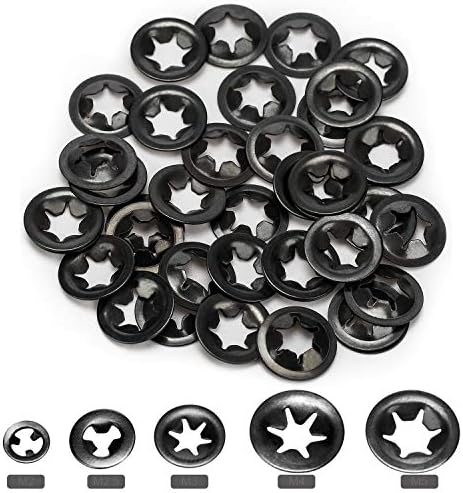 OIIKI 200pcs Internal Tooth Washers, Quick Locking Washers, Push On Speed Clips Fasteners Kit, 65Mn Steel Star Lock Washers-40pcs Each Size (5 Sizes)
