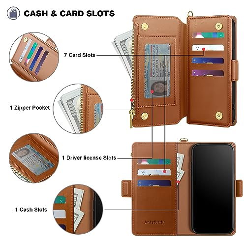 Antsturdy Compatible with iPhone Xs Max Wallet Case,RFID Blocking PU Leather Phone Case Women Men Flip Protective Cover Wrist Strap Zipper Pocket Credit Card Holder Slots,for Apple XS Max,Light Brown by Antsturdy - Image 6