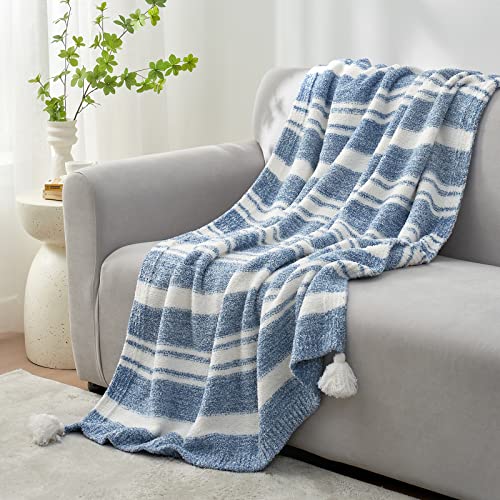Snuggle Sac Blue Stripe Throw Blanket For Couch, Reversible Throw Blanket Warm Cozy Knit Fuzzy Plush Lightweight For Sofa, Bed, Camping, Picnic, 50 X 60 Inch #TOP3