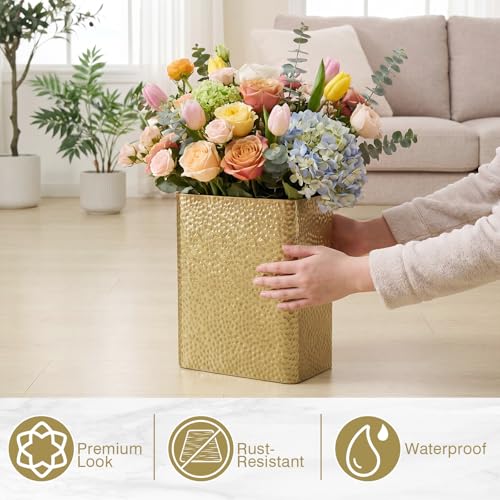 Image of Maxdot 10.63 x 8.86 x 5.51 inches Gold Trash Can for Bathroom Small Metal Waste Basket, Hammered Garbage Can with Brass Finish, Decorative for Bedroom, Office, Kitchen (Rectangle)
