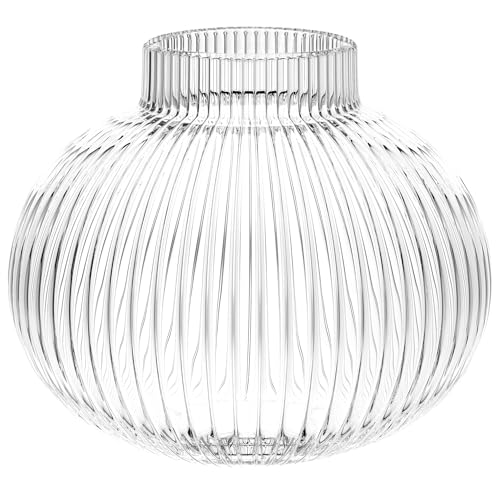 Round Glass Vase, Flower Vases for Bouquet, Ribbed Glass Vases for Flowers, Small Clear Vase for Living Room, Office, Coffee Table, Shelf, Wedding, 6 Inches