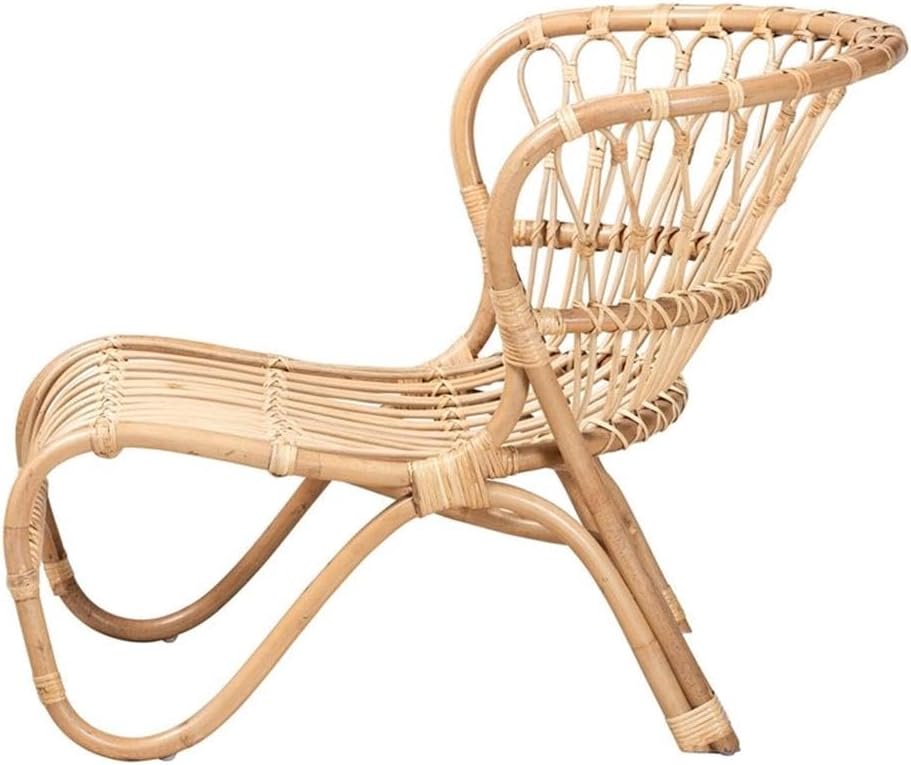 BOWERY HILL Modern Bohemian Rattan Accent Chair, Natural Brown Finish, Handcrafted, Openwork Curved Backrest, Angled Legs, Fully Assembled, 28" W x 37" D x 29" H, Living Room or Lounge Seating