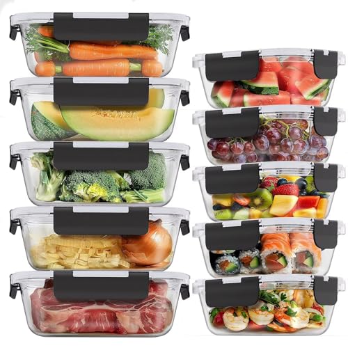 Glass-Frischhaltedosen aus Glas, mit Schnappverschluss, auslaufsichere Deckel, wiederverwendbar, mikrowellengeeignet, BPA-frei, Lunchboxen (10 Behälter und 10 Deckel), 1040 ml und 370 ml, 10 Stück…