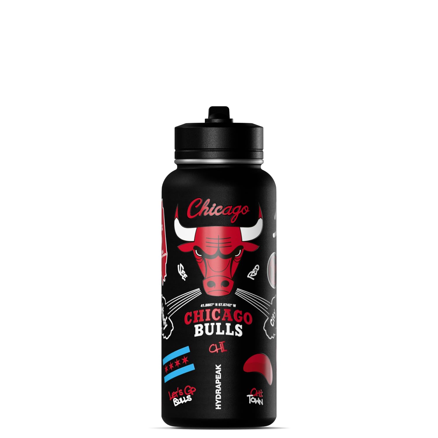 Hydrapeak x NBA Officially Licensed Chicago Bulls 32 oz Active Water Bottle with Chug Lid Reusable Stainless Steel Double Wall Insulated Sports Gift, Celebrating The City of Chicago