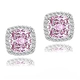 YOMELA Cubic Zirconia Earrings Studs, Square Pink Halo CZ Birthstone Simulated Diamond Stud Earrings for Women