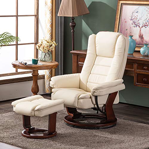 Mcombo Recliner With Ottoman Chair Accent Recliner Chair With Vibration Massage, Removable Lumbar Pillow, 360 Degree Swivel Wood Base, Faux Leather 9096 (Cream White) #TOP1