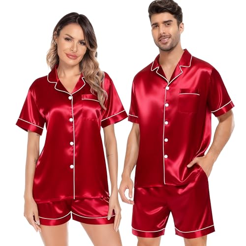 Image of SWOMOG Satin Matching Pajamas Sets Couple Silk Button Down Nightwear Women & Men Short Sleeve Sleepwear 2 Pieces Loungewear