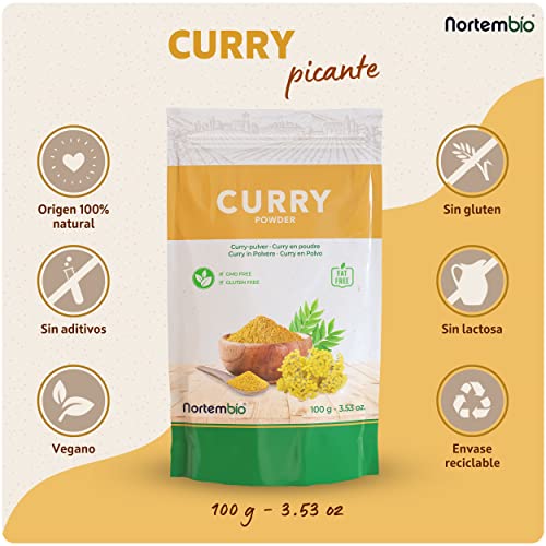 Miniatura 3 de Nortembio Curry En Polvo 100 G Curry Picante 100 Natural, Especia Molida Para Carne, Verduras, Arroz Y Cocina India, Vegano Y Sin Gluten Ebook Recetas Gratis