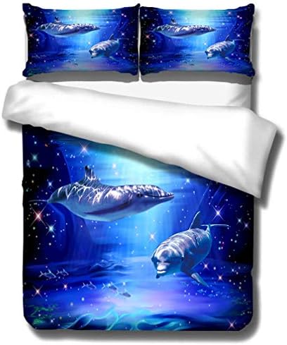 3D Dolphin Ocean Fish Pillowcase and Duvet Cover,Colorful Sunrise Sunset Evening Landscape Jumping Dolphin Design Bedding Set Quilt Cover for Girls Boys (Blue Starlight, Double 200x200cm)