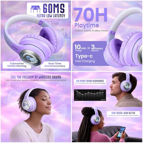 Image of GameSir Astro Junior Wireless Headphones with 40mm Drivers, Deep Bass Stereo Sound, Bluetooth 5.3, Over-Ear Noise Isolation Headset with LED Light, Built-in Mic for PC, Mobile & Laptop (Purple)