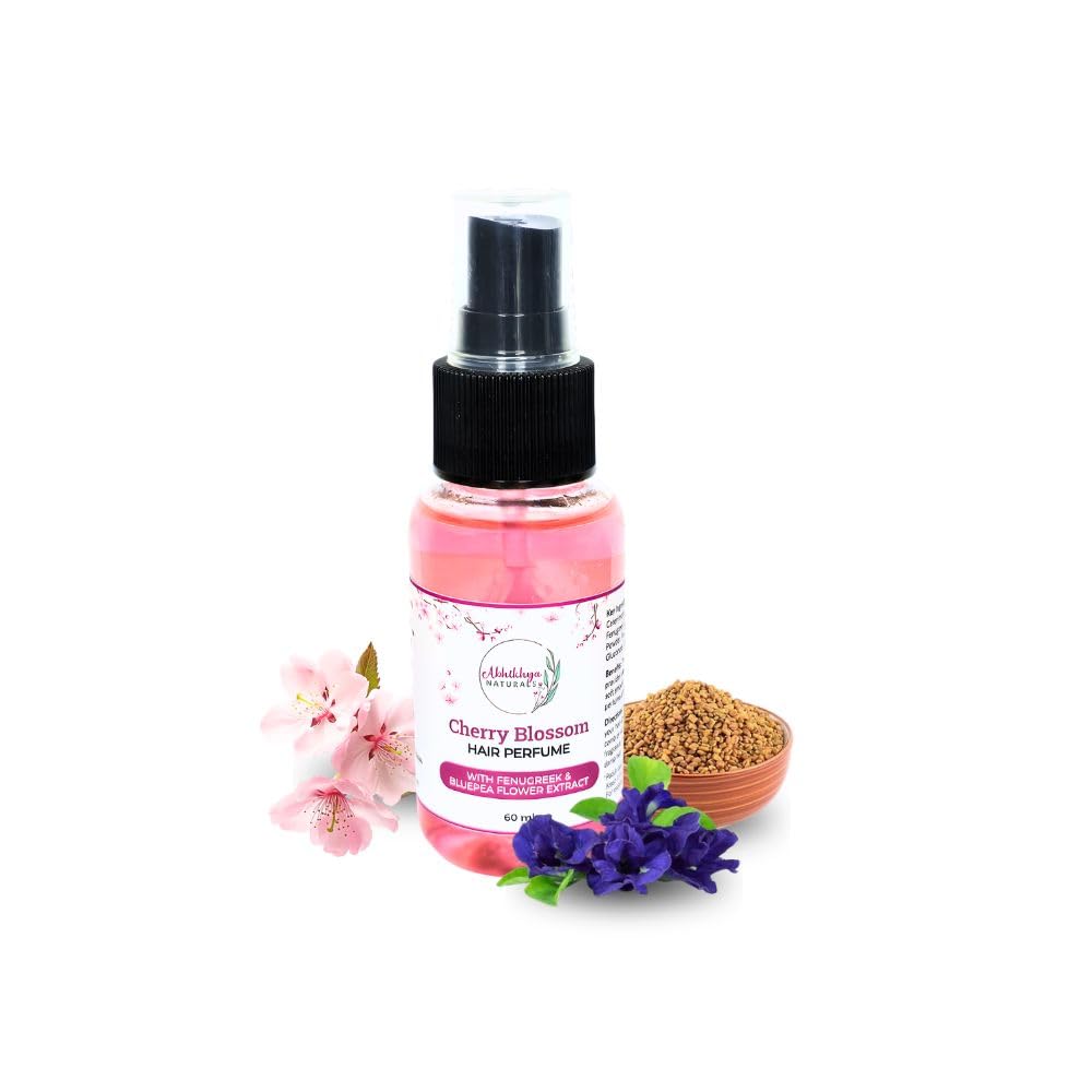 Abhikhya Naturals Cherry Blossom Hair Perfume/Mist, 60 ml | With Fenugreek & BluePea Flower Extract , Alcohol Free, All Hair Types, For Men & Women, For Dry / Damp Hair