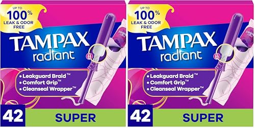 Image of Tampax Radiant Tampons Super Absorbency with BPA-Free Plastic Applicator and LeakGuard Braid, Unscented, 42 Count (Pack of 2)