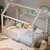 Jocisland Twin Size House Bed for Kids, Montessori Wooden Floor Bed Frame with Guardrails, Removable Rails, Playhouse Roof, Easy Assembly, Toddler Floor Bed for Boys & Girls, White