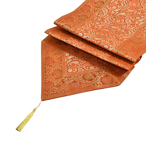Image of E-EZRA Room Decor Banarasi Silk Handmade Flower V Shape Table Runner Dinning & Centre Table Long Runner Bed Runner Gold Tassels End Size 14 X 80 inches (Orange)