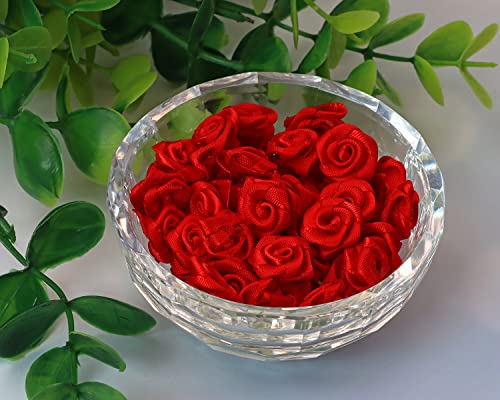 Shapenty 1.5cm Mini Satin Ribbon Roses Boutique Flowers Applique Sewing Craft Ribbon Bows Floral Embellishment for Christmas Ornaments Scrapbooking Wedding Party Gift Decoration, 70PCS (Red) - Thumbnail 2