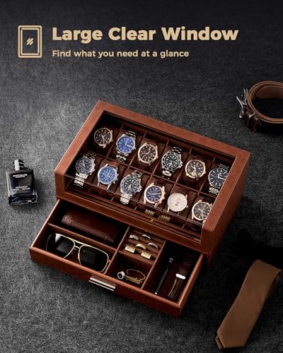 Image of ProCase Watch Box for Men, 12 Slots Watch Display Holder with Clear Acrylic Top, Large Capacity PU Leather Case with Drawer Organizer, Jewelry Storage, Ideal Gift for Men Women -Brown
