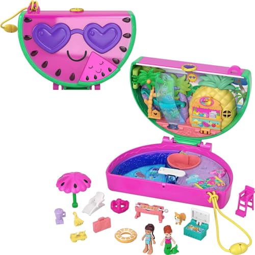 Polly Pocket Watermelon Pool Party Compact Playset with Scented Feature, 2 Micro Dolls, 12 Accessories & Water Play, Toy Gift for Ages 4 Years Old & Up (Amazon Exclusive)