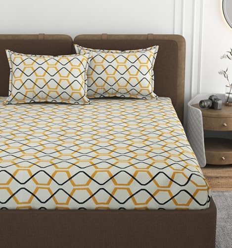 Image of VOMZER 320 TC Cotton Feel All Around Elastic Fitted Bedsheets King Size, Premium Fitted Bedsheets King Size for Double Bed with 2 Pillow Covers, Size- 78 inch x 72 inch