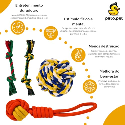 Kit 4 Cordas 100% Algodão para Pets PATO.PET - Brinquedo Mordedor Resistente Cão, Brincadeira Intera