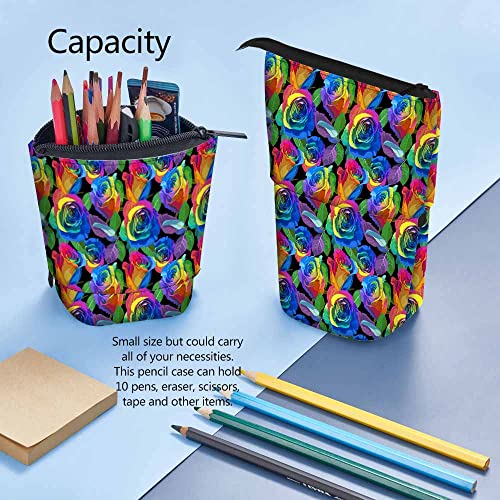 Image of Swono Roses Pencil Case Multicolored Rainbow Standing Pencil Case Pencil Holder Pencil Pouch Cosmetics Pouch Makeup Office Bag Black