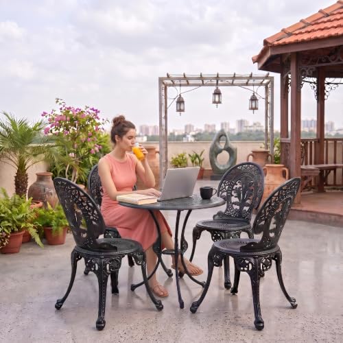 Image of BRISHI Cast Aluminium Garden Patio Seating Chair and Table Set for Balcony Outdoor Furniture with 1 Table and 4 Chair Set (Black)