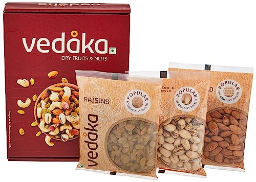 Image of Amazon Brand - Vedaka Premium Dry Fruits Combo | 800 Gram | 200 Gram Each - Almonds, Raisins, Cashews & Pista | Kaju, Kishmish, Pista & Badam Gift Pack | Great For Snacking And Gifting (Pack of 2)