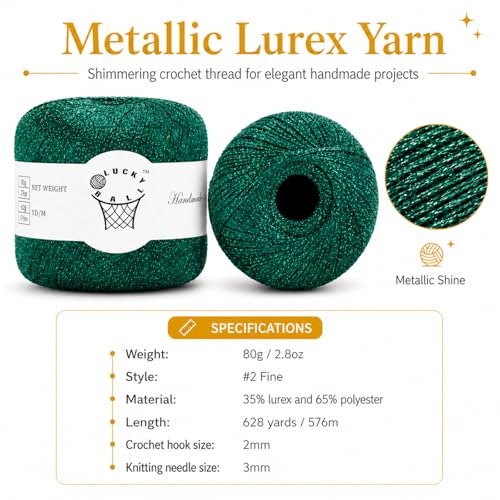 Image of 2PCS Metallic Crochet Thread Yarn for Crocheting,Lurex Thread Round Band Yarn with Sparkle Shine for Clothes, Car Charm, Keychain Charm(Green)