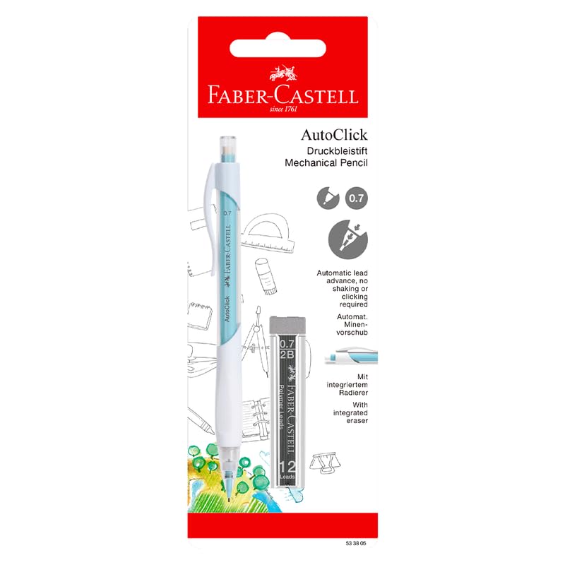 Faber-Castell Autoclick Mechanical Pencils 0.7mm (1Pc + 1 Lead) Assorted Colors It has an easy-to-use automatic click lead advancement for continuous writing and drawing without interruption