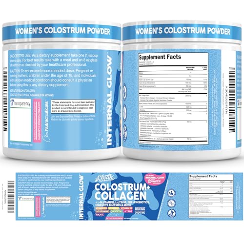 Image of Bovine Colostrum Powder + Collagen Peptides with L-Glutamine L-Lysine Prebiotics Probiotics Digestive Enzymes Vitamin D K2 C Quercetin & Folate | Gut Health Supplement Internal Glow By Clean Nutra