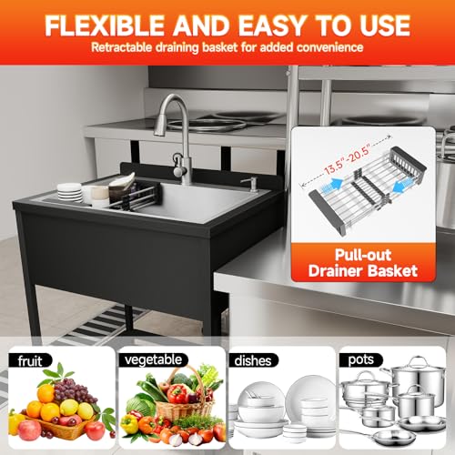 Image of Stainless Steel Utility Sink, 33.5 inch x 26.1 inch x 36.6 inchFreestanding Sink with Cold and Hot Water Faucet,Hoses and Drain Kit for Kitchens, Bathrooms, Garage, Laundry Room