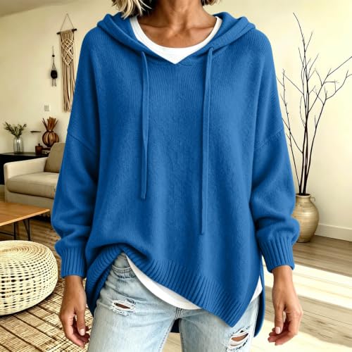 MaMiDay Women's Oversized Hooded Sweater Casual Pullover Drop Shoulder Blue - image 7