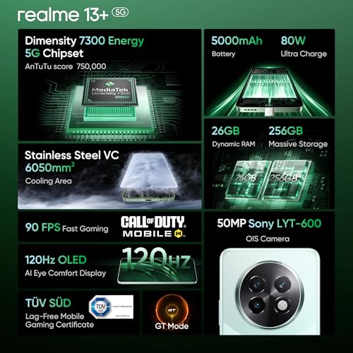 realme 13+ 5G (Speed Green, 8GB RAM, 256GB Storage) 6.67" AMOLED Display | 80W Ultra Charging DAK | Dimensity 7300E Processor - Image 3