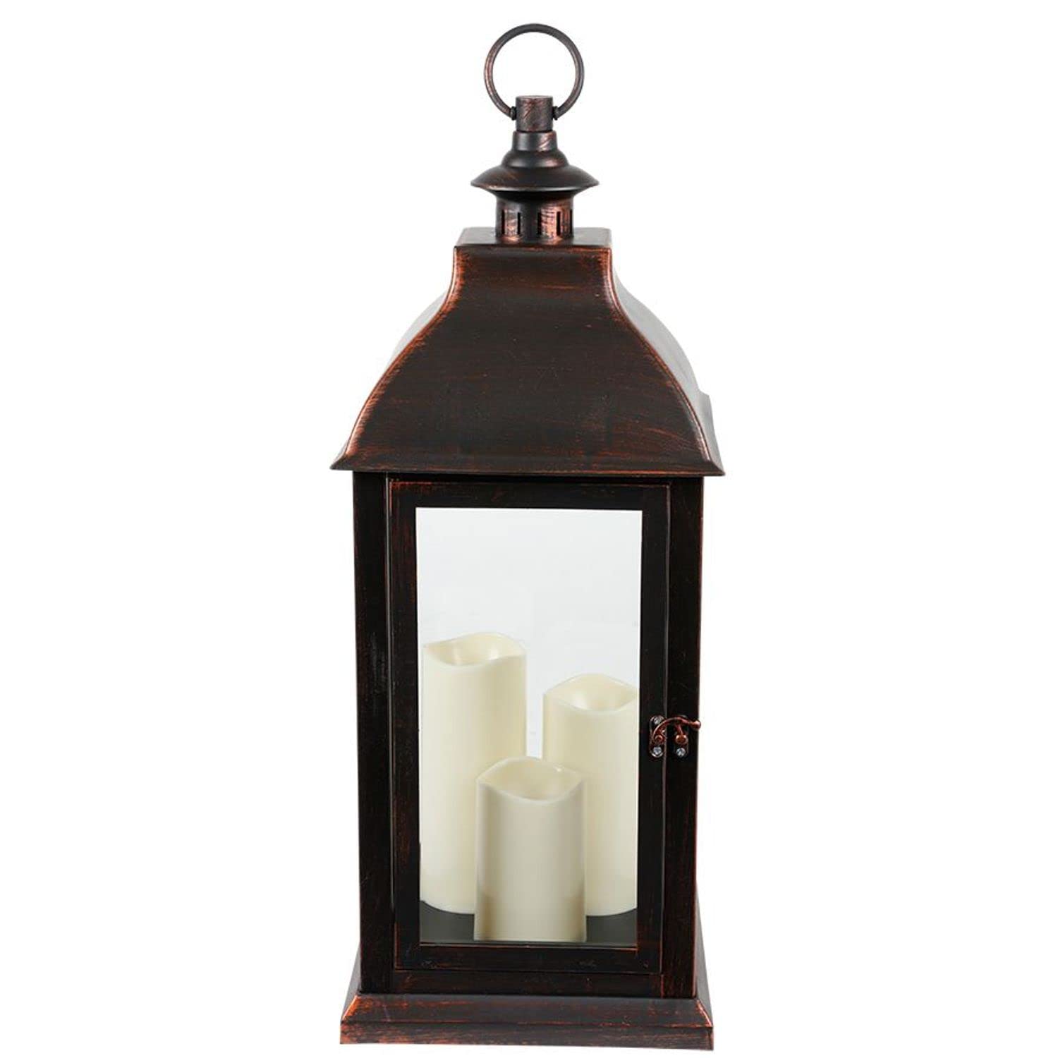 XXL Laterne Vintage 60 cm Windlicht Schwarz mit 3 LED Kerzen Timer Deko | BURI Dekolaterne mit Flackereffekt, Glasscheiben und Kerzenhalter für Innenbereich, Batteriebetrieb und Wohnambiente
