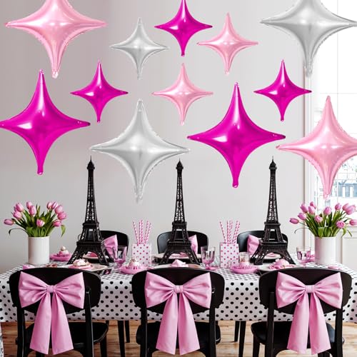 Image of Pink Silver Star Balloons,12Pcs Four Angle Star Foil Balloons