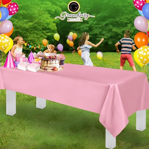 Image of Plastic Table Cloth Disposable 12 Pack 54 inch x 108 inch Rectangle | Pink Plastic table covers, durable disposable tablecloths, fade and tear-resistent table cover for party, event
