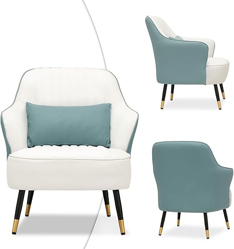 Miniatura 22 de Magshion Silla decorativa moderna con almohada lumbar, sillón tapizado de cuero, sillón individual ergonómico para sala de estar, dormitorio, Blanco