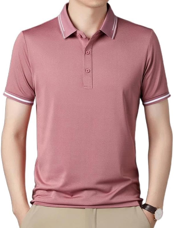 Mens Silk Blend Polo Shirts Short Sleeve Casual Business Golf T-Shirts Classic Fit Soft Tops