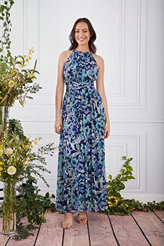 Image of London Times Women's London Times Mesh Halter Maxi Dress with Ruched Waistband Flowy Bohemian Beach Dresses