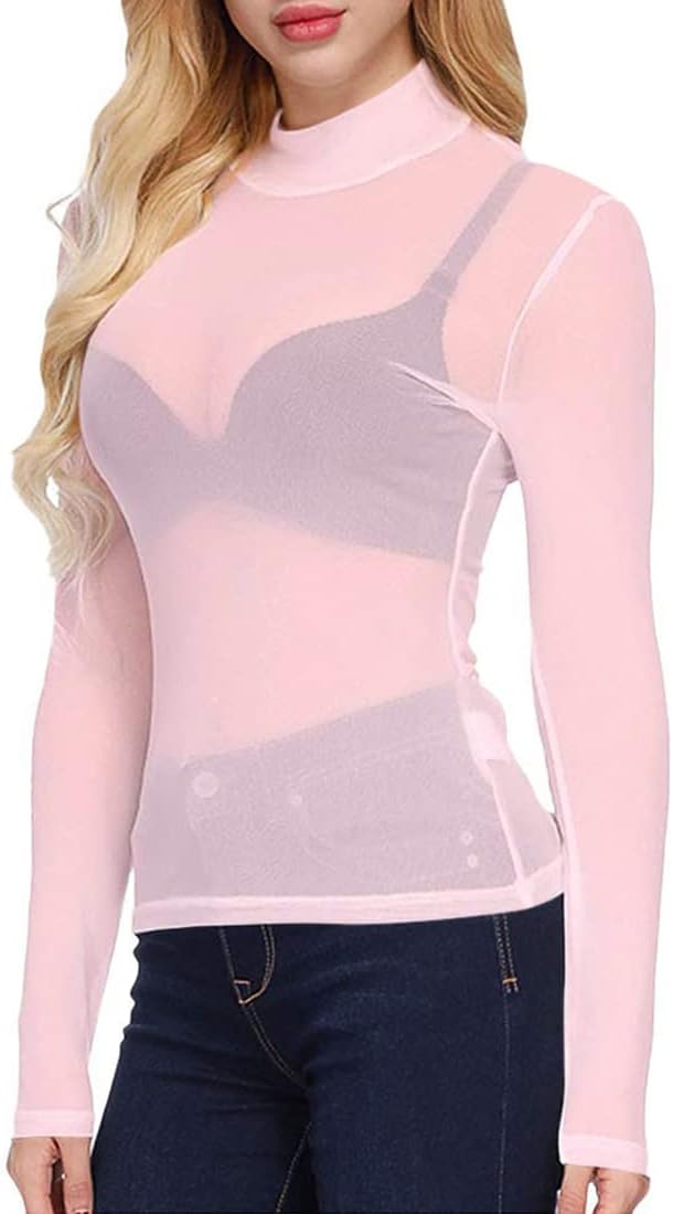 YsabeloomWomen's Mesh Tops Basic Long Sleeve Mesh Top Sheer See Through Blouse T Shirts Clubwear