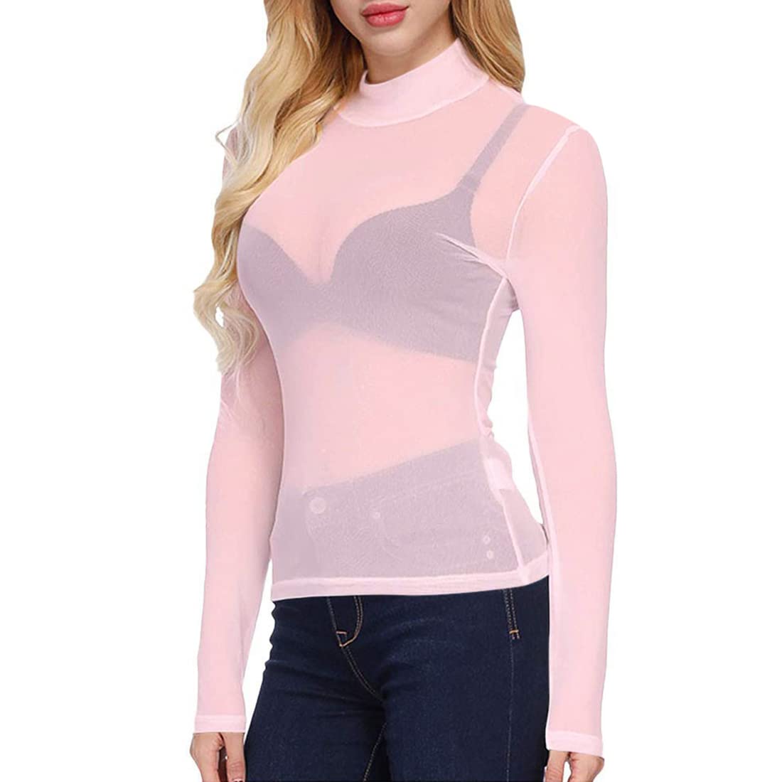 Ysabeloom Women's Pink-High Neck Sheer Tops Long Sleeve Mesh Sheer Top See Through Blouse Shirt, M