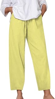 Generisch Pantalones de lino cómodos de color liso para mujer con cordón elástico en la cintura bolsillo con pierna recta, pantalones casuales pantalones azules para mujer agujeros