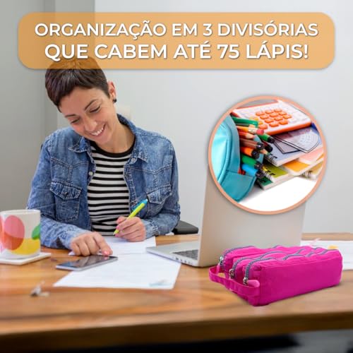 Estojo Escolar Triplo Grande 3 Divisórias Organizador Papelaria Menino Menina Faculdade Cursinho (PR
