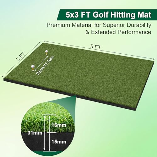 32/31mm High-density Turf Golf Mat, 5 * 3FT/5 * 4FT Golf Practice Mat with Rubber Tees, Golf Hitting Mat for Outdoor & Indoor, for Men Dad/Husband/Golfers - Image 5